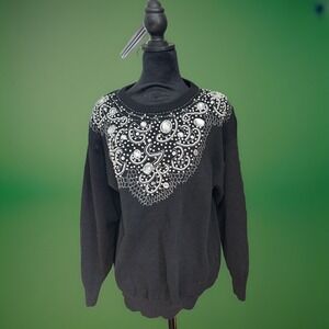 VTG 80s Victoria Harbour Black Sweater Rhinestones Shoulder Pads Women's Large